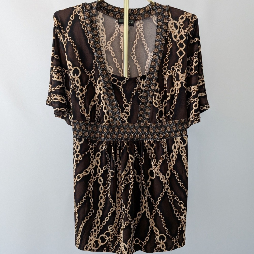 J.T.B. Woman Babydoll Top Women XL Brown Chain Print Y2K Empire Waist Slinky
